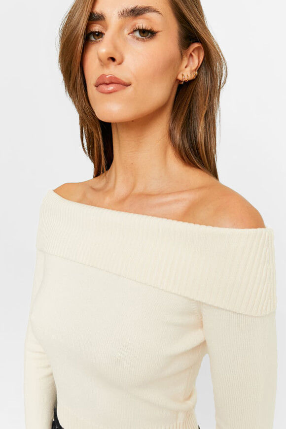 Image sur Pull court off shoulder en tricot côtelé