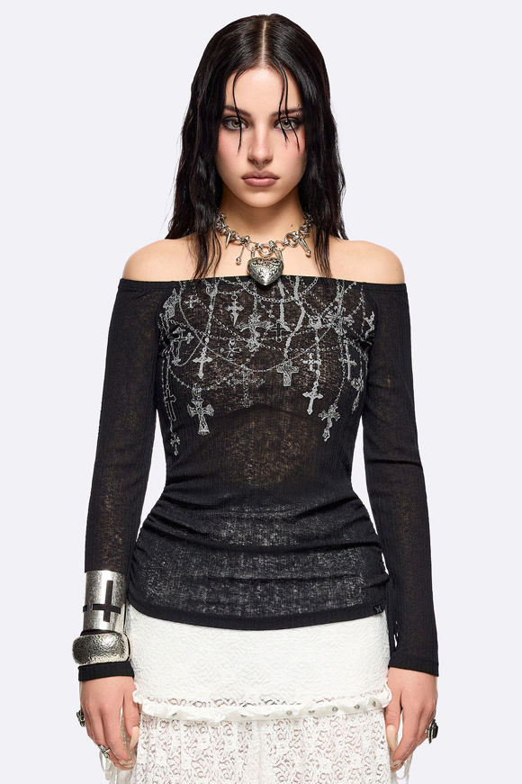 Image sur Rosary Off Shoulder Crop Langarmshirt