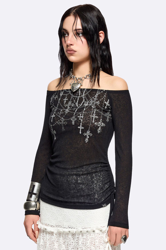 Image sur Rosary Off Shoulder Crop Langarmshirt