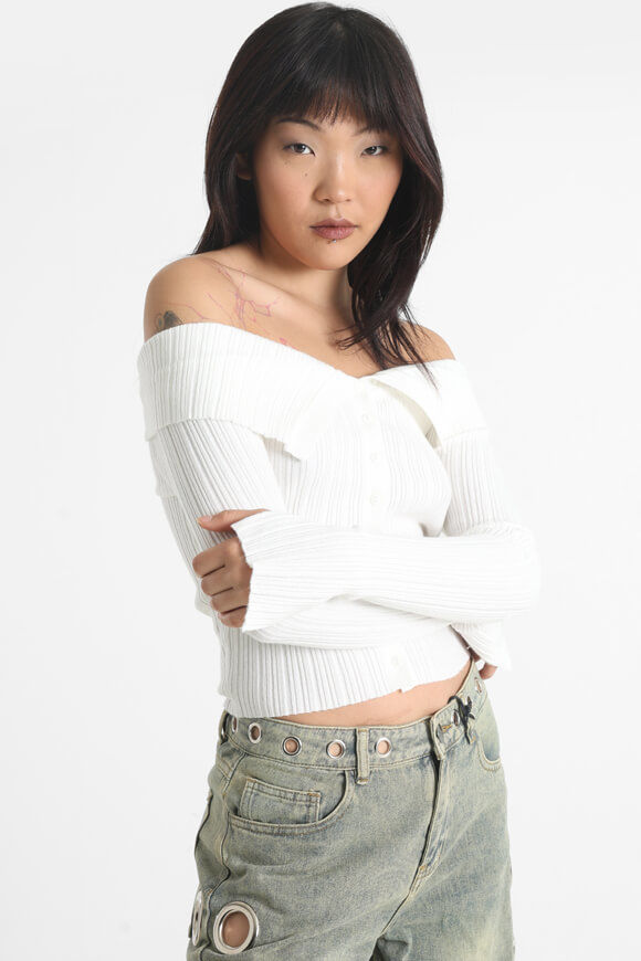 Image sur Pull court off shoulder en tricot côtelé