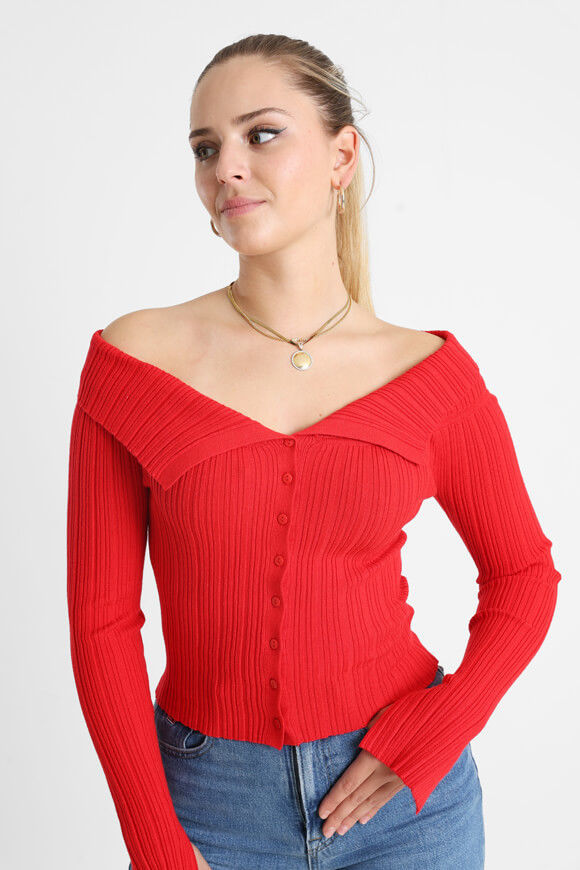 Image sur Pull court off shoulder en tricot côtelé